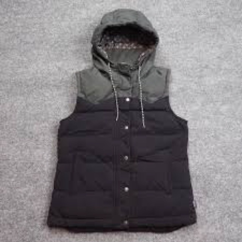 Patagonia Hooded Bivy Down Puffer Vest, Black and Grey, Medium